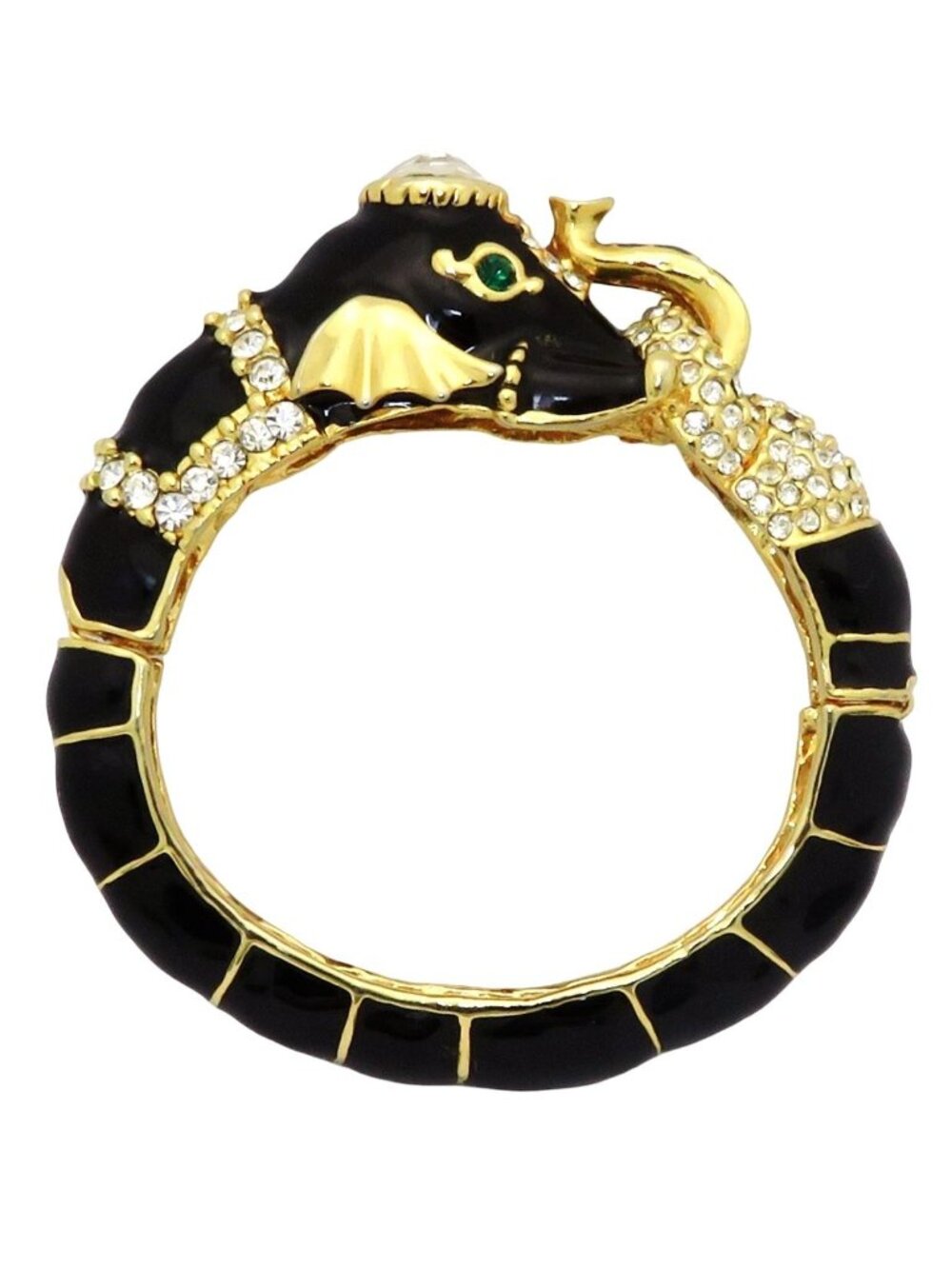 Vintage Black Enamel Gold Tone Elephant Bangle Bracelet Green Eyes & Rhinestones